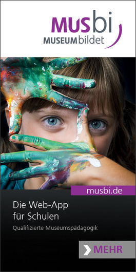 Banner mit Logo von MUSbi - junge Frau blickt durch ihre bunt bemalten Finger