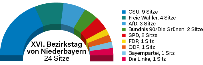 Grafik Sitzverteilung des Bezirkstags: CSU (9 Sitze), Freie Wähler (4 Sitze), AfD (3 Sitze),  Bündnis 90/Die Grünen (2 Sitze), SPD (2 Sitze), FDP (1 Sitz), ÖDP (1 Sitz), Bayernpartei (1 Sitz), Die Linke (1 Sitz)